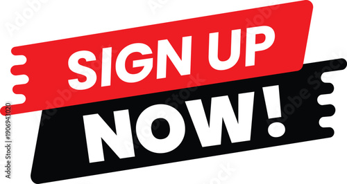 A bold graphic with a red and black ticket design and a call to action to sign up now