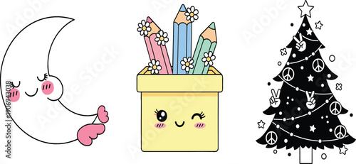 Cute kawaii elements set with smiling moon pencil holder and Christmas tree, adorable cartoon icons for kids nursery and festive design flat vector illustration isolated on white background