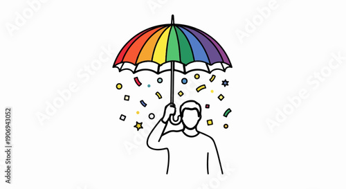 Person under rainbow umbrella with falling confetti celebration