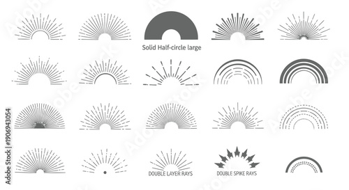 Vector sunburst shapes, semi-circle arcs, and rays for design elements, backgrounds, or overlays, isolated on transparent background, png