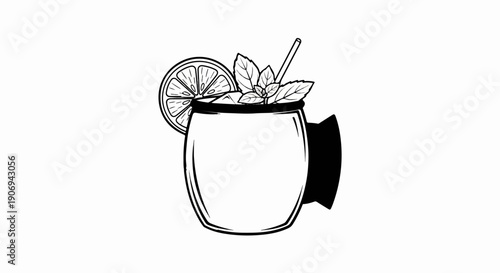 Outline drawing of a chilled beverage with citrus and mint garnish