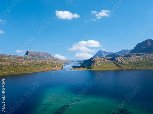 Aerial view of the North Atlantic coastal landscape near Fredvang, Lofoten Norway