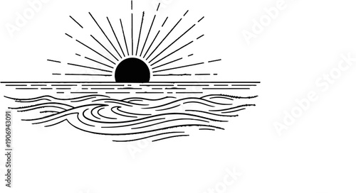 Minimalist black and white depiction of a sun rising over rippling waves