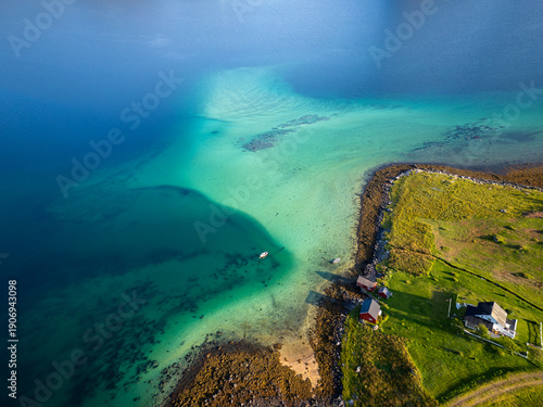 Aerial view of the North Atlantic coastal landscape near Fredvang, Lofoten Norway