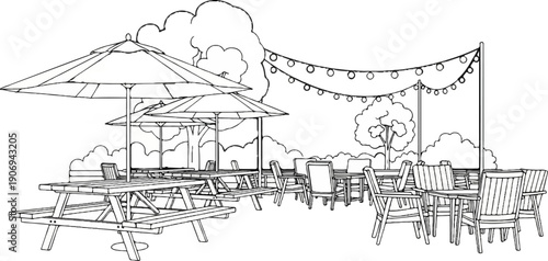 Outdoor seating area with picnic tables, umbrellas, and string lights
