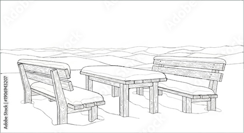 Outdoor wooden table and benches covered in snow, with undulating landscape