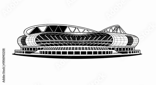 Modern stadium with curved roof and segmented glass facade