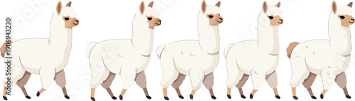 Illustration of llamas walking in a row from a side view showcasing their distinctive features and gentle expressions