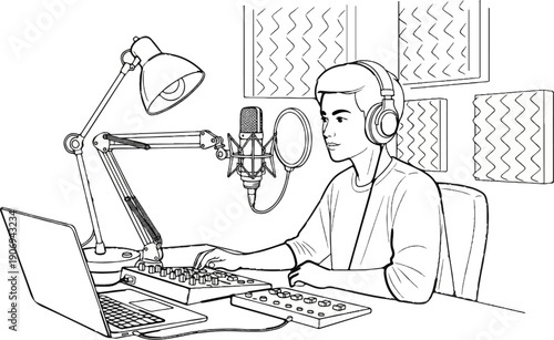 Person in headphones at a desk with a laptop, microphone, and soundboard
