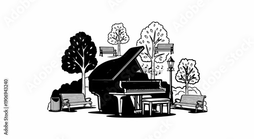 Outdoor park scene with grand piano, benches, trees, and lamp post