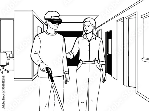 Person using VR goggles and cane, guided by a companion in an office hallway