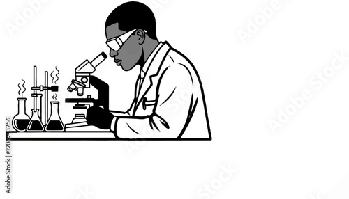 Person in lab coat with goggles uses a microscope and beakers