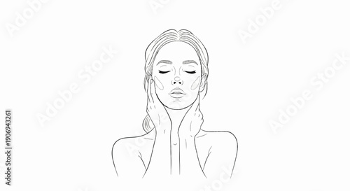 Minimalist line art of a woman touching her face with closed eyes