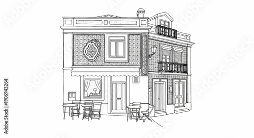 Ornate facade with balconies, awnings, and sidewalk cafe seating