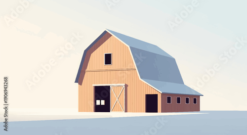 Minimalist barn with blue roof under a pale sky