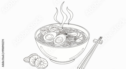 Delicious bowl of ramen noodles with eggs, meat, and steam rising, served with chopsticks and lime slices. Hand-drawn illustration.