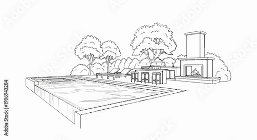 Outdoor living space with pool, grill, bar, and fireplace