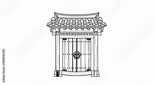 Ornate wooden gate with a tiled, curved roof