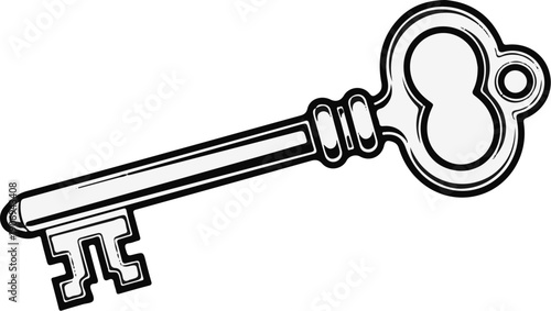 Ornate vintage key with a bow and intricately cut bit on a white background