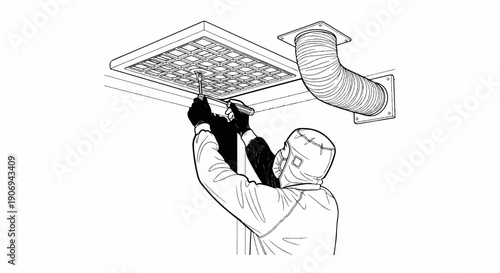 Person in protective gear adjusting a ceiling vent with a tool