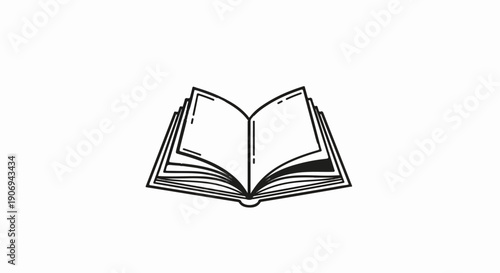 Open book, black line drawing on a white background