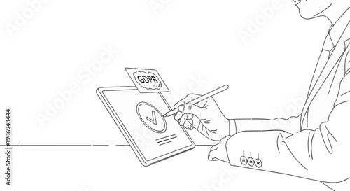 Person in suit using stylus on tablet with GDPR icon and checkmark