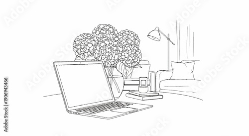 Minimalist line drawing of a workspace with a laptop and hydrangeas