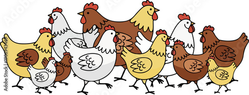 A group of chickens walking together in a farmyard viewed from the side