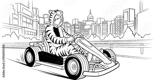 Person in tiger costume driving a go-kart through a cityscape