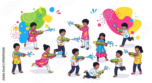 Happy children playing Holi festival with water guns colorful powder splashes and vibrant celebration vector illustration for holiday design