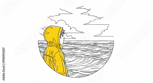 Person in yellow raincoat gazes at stormy sea and sky