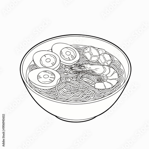 Hand-drawn illustration of a delicious bowl of ramen noodles with shrimp, eggs, and mushrooms, perfect for food blogs and menus.