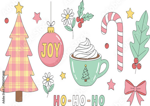Christmas cozy elements collection with tree candy cane hot cocoa mug ornaments and festive decorations, cute holiday cartoon flat vector illustration isolated on white background