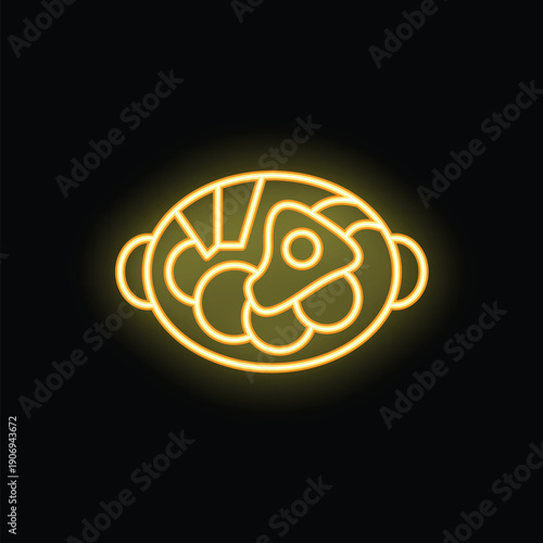 Yellow neon glowing symbol of ramen, a staple dish of japanese cuisine, consisting of chinese style wheat noodles served in a meat or fish based broth