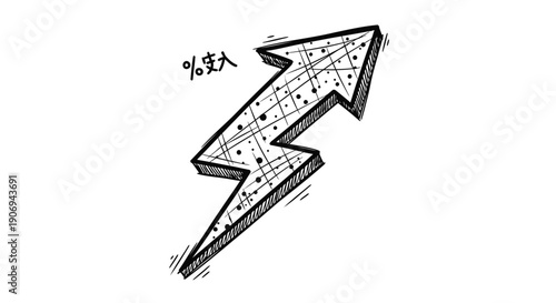 Hand-drawn lightning bolt icon with grid pattern and mathematical symbols, vector illustration for logo or infographic