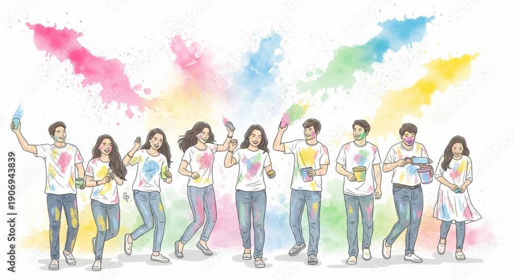 Naklejka premium Diverse group of young people celebrating Holi festival with colorful powder joyful outdoor activity vibrant illustration for festive events