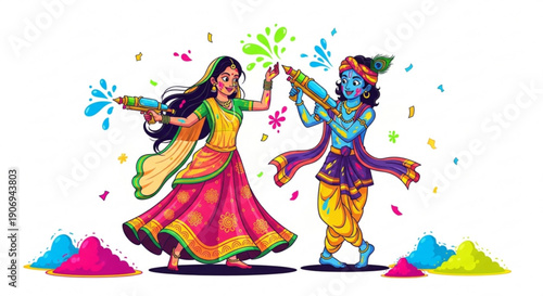 Lord Krishna and Radha celebrating Holi festival with colorful powder and water guns traditional Indian culture illustration