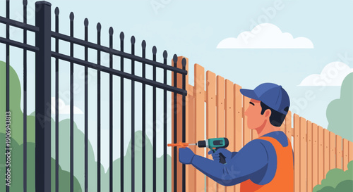 Person installing fence with drill, contrasting styles