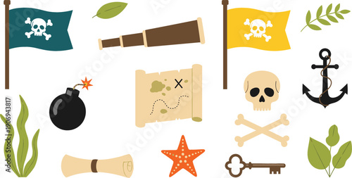 Cute pirate icon illustration set with skull flags, treasure map, anchor and spyglass, playful cartoon nautical elements vector collection