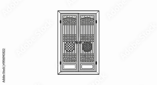 Ornate double doors with intricate geometric patterns and circular handles