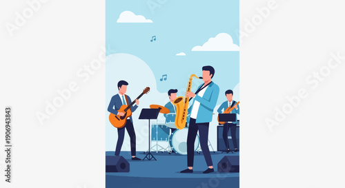 Men in suits playing instruments on stage under a cloudy sky