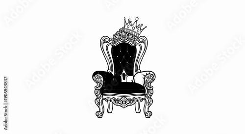 Ornate throne with crown, rich dark seat, and decorative legs