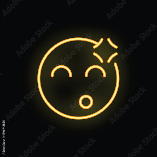 Bright yellow neon sign of a cartoon face with its mouth open and eyebrows raised in confusion