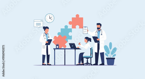 Medical team assembling puzzle pieces, symbolizing collaboration and problem-solving