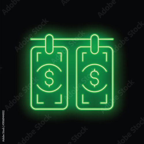 Neon green money laundering concept icon with dollar banknotes hanging on clothes line