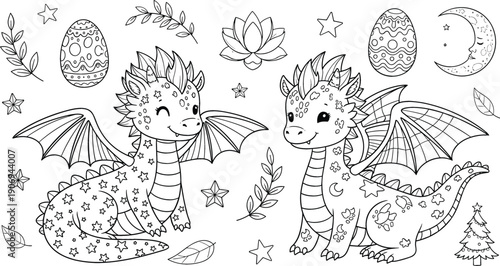 Cute fantasy dragon coloring page illustration with moon, stars and decorative elements, magical kids cartoon characters, black and white line art vector