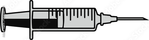 Medical syringe with plunger and needle, filled with dark liquid