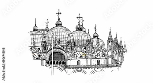 Ornate domes and spires of an ancient, grand cathedral