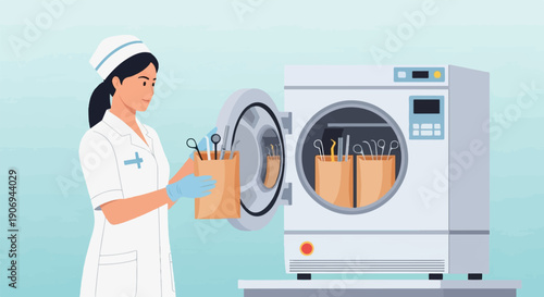 Medical professional sterilizing instruments in an autoclave machine