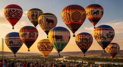 Colorful Hot Air Balloons Ascend Over Landscape at Sunrise Festival.